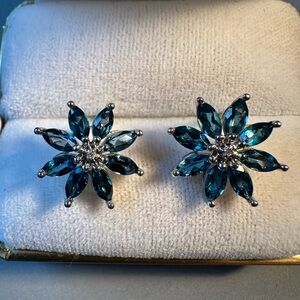 14K White Gold w/ London Blue Topaz and Diamond Center Floral Post Earrings
